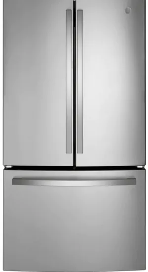 Front view of the GE GNE27JYMFS French door refrigerator