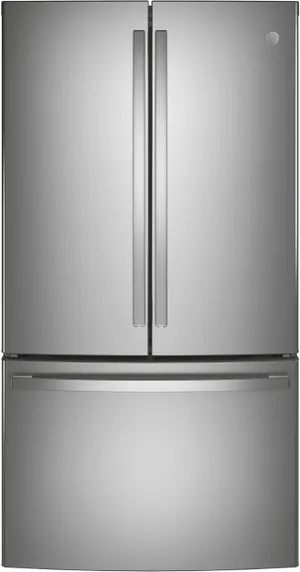 Front view of the GE GNE29GYNFS French door refrigerator
