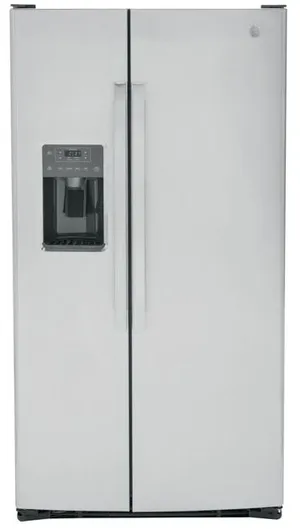 Front view of the GE GSS25GYPFS side by side refrigerator