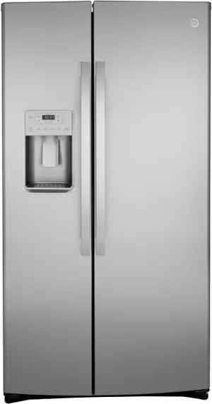 Front view of the GE GSS25IYNFS side by side refrigerator