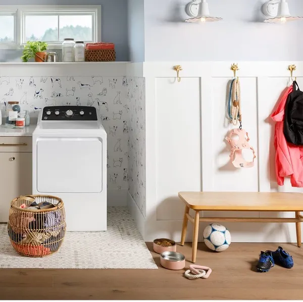 Credit: GE The GE GTD48GASWWB dryer in a laundry room