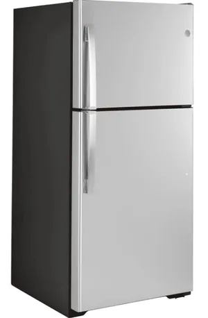 Front view of the GE GTE19JSNRSS top freezer refrigerator