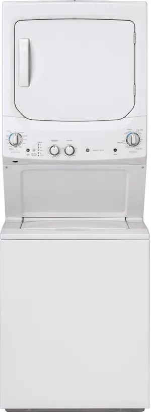 Front view of the GE GUD27ESSMWW Spacemaker stacked washer and dryer set