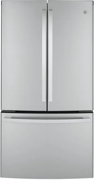 Front view of the GE GWE23GYNFS French door refrigerator