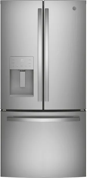 Front view of the GE GYE18JYLFS 33” French door refrigerator