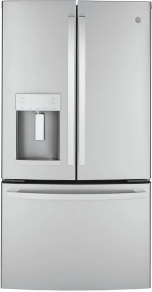 Front view of the GE GYE22GYNFS French door refrigerator