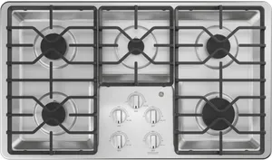 Overhead view of the GE Profile PGP7036SLSS 36” gas cooktop