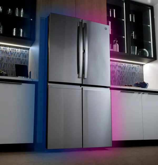 The GE Profile PAD28BYTFS refrigerator with accent lighting