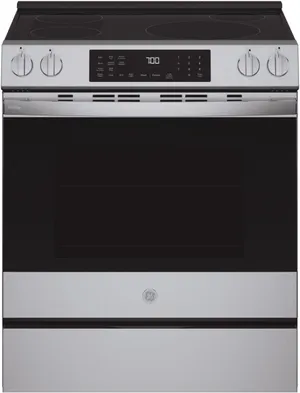 Front view of the GE Profile PHS700AYFS slide-in induction range