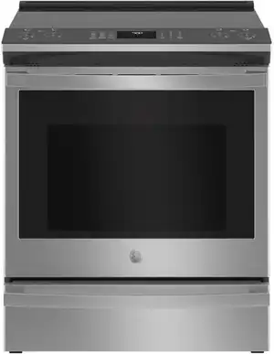 Front view of the GE Profile PSS93YPFS slide-in electric range