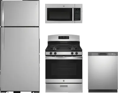 A GE appliance package featuring the GE GTS18HYNRFS refrigerator, GE GDF535PSRSS dishwasher, GE JGBS60REKSS range, and GE JVM3160RFSS microwave