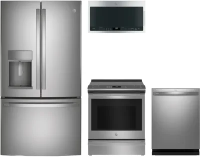 A GE Profile kitchen package featuring a PFE28KYNFS refrigerator, PDT715SYVFS dishwasher, PSS93YPFS range, and PVM9005SJSS microwave