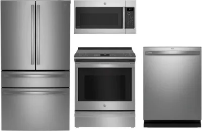A GE Profile appliance package featuring the GE Profile PGE29BYTFS refrigerator, GE Profile PDT715SYVFS dishwasher, GE Profile PSS93YPFS range, and GE Profile PVM9179SRSS microwave