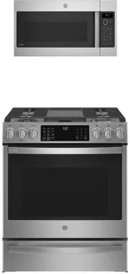 A GE Profile kitchen package featuring a PGS930YPFS range and PVM9179SRSS microwave