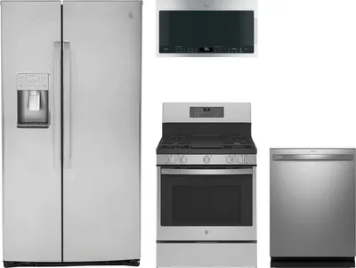 A GE Profile kitchen package featuring a PSE25KYHFS refrigerator, PDT715SYVFS dishwasher, PGB935YPFS range, and PGB935YPFS microwave 