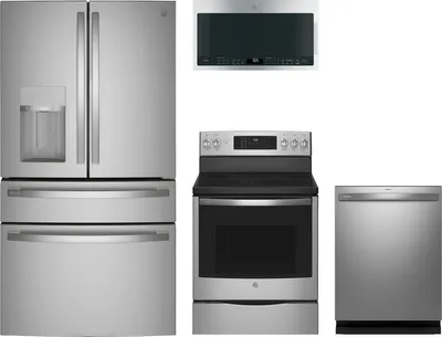 A GE Profile kitchen package featuring a PVD28BYNFS refrigerator, PDT715SYVFS dishwasher, PB900YVFS range, and PVM9005SJSS microwave