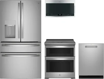 A GE Profile appliance package featuring the GE Profile PVD28BYNFS refrigerator, GE Profile PDP795SYVFS dishwasher, GE Profile PS960YPFS range, and GE Profile PVM9005SJSS microwave