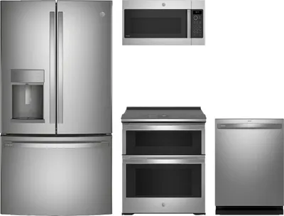 A GE Profile kitchen package featuring a PYE22KYNFS refrigerator, PDT715SYVFS dishwasher, PS960YPFS range, and PVM9179SRSS microwave