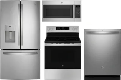 A GE package featuring the GE GFE26JYMFS refrigerator, GE GDT670SYVFS dishwasher, GE GRF600AVSS range, and GE JVM7195SKSS microwave 