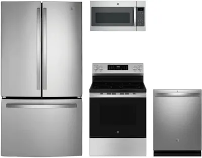 A GE package featuring the GE GNE27JYMFS refrigerator, GE GDT650SYVFS dishwasher, GE GRF600AVSS range, and GE JVM7195SKSS microwave 