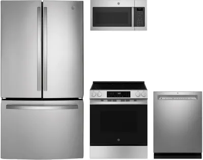 A GE package featuring the GE GNE27JYMFS refrigerator, GE GDF650SYVFS dishwasher, GE GRS500PVSS range, and GE JVM6175SKSS microwave 