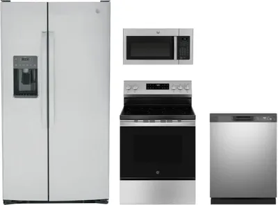 A GE appliance package featuring the GE GSS25GYPFS refrigerator, GE GDF535PSRSS dishwasher, GE GRF500PVSS range, and GE JVM3160RFSS microwave