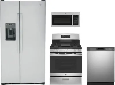 A GE package featuring the GE GSS25GYPFS refrigerator, GE GDF535PSRSS dishwasher, GE JGBS66REKSS range, and GE JVM3160RFSS microwave 