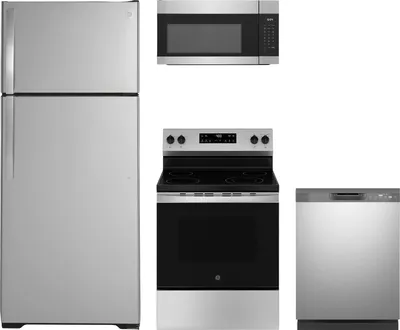A GE package featuring the GE GTS18HYNRFS refrigerator, GE GDF535PSRSS dishwasher, GE GRF400SVSS range, and GE JVM3160RFSS microwave 