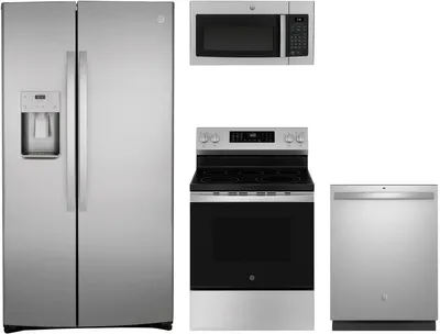 A GE package featuring the GE GZS22IYNFS refrigerator, GE GDT550PYRFS dishwasher, GE GRF600AVSS range, and GE JVM3160RFSS microwave 