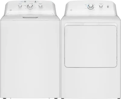 A GE laundry pair featuring the GE GTW325ASWWW washer and GTX33EASKWW GE dryer