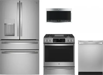 A GE Profile kitchen package featuring a PVD28BYNFS refrigerator, PDT715SYVFS dishwasher, PGS930YPFS range, and PVM9005SJSS microwave