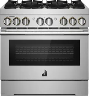 Front view of the JennAir JDRP436HL 36” gas range