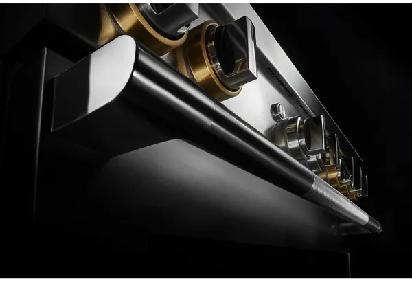 A close-up of the knobs on the JennAir RISE JGRP430HL range