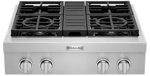 Front view of the KitchenAid KCGC500JSS 30” rangetop