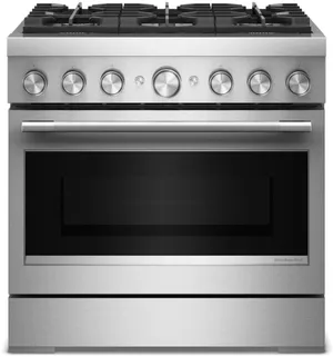 Front view of the KitchenAid KFDS936SSS 36” pro style range