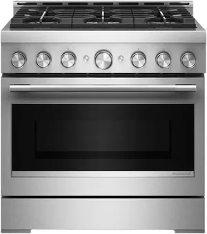 Front view of the KitchenAid KFGS936SSS 36” gas range