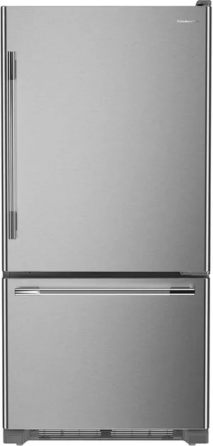 Front view of the KitchenAid KRBR130SPS bottom freezer refrigerator