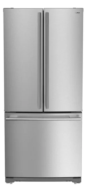 Credit: KitchenAid Front view of the KitchenAid KRFF330SPS French door refrigerator