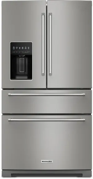 Front view of the KitchenAid KRMF536RPS French door refrigerator