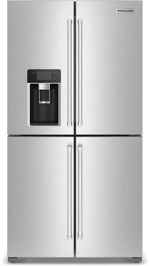 Front view of the KitchenAid KRQC736RPS French door refrigerator