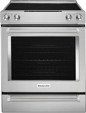 Credit: KitchenAid Front view of the KitchenAid KSEB900ESS slide-in electric range