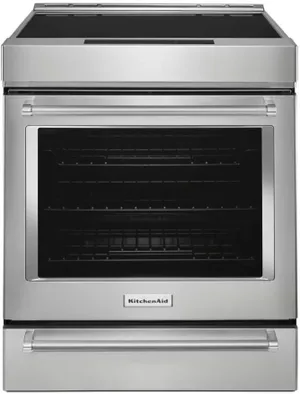 Front view of the KitchenAid KSIS730PSS induction range