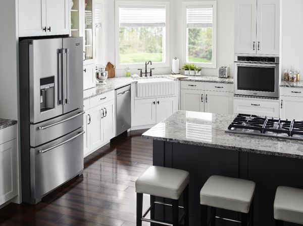 The Maytag MGC7536DS gas cooktop in a kitchen