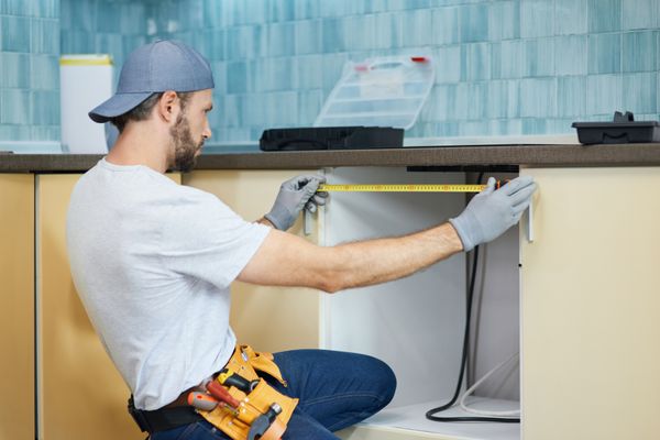 A man measuring a kitchen cabinet cutout