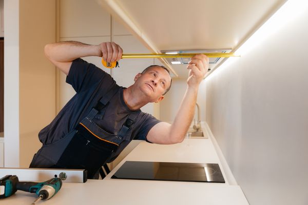 A worker measuring cabinet depth