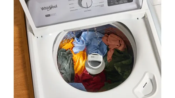 Credit: Whirlpool An aerial view of clothes inside the Whirlpool WTW4307SW washer