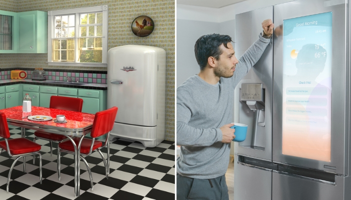 App_Appliance-Invention-Breakthroughs_1.jpg Comparison of a vintage fridge vs. a smart refrigerator