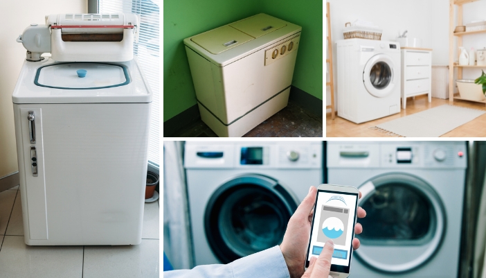 App_Appliance-Invention-Breakthroughs_3.jpg Collage of vintage and new washers