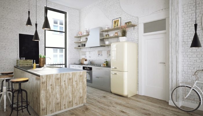 A crisp, neutral color kitchen with a vintage inspired white fridge.