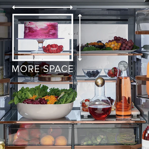 A graphic shows the adjustable capacities found in a Cafe Refrigerator